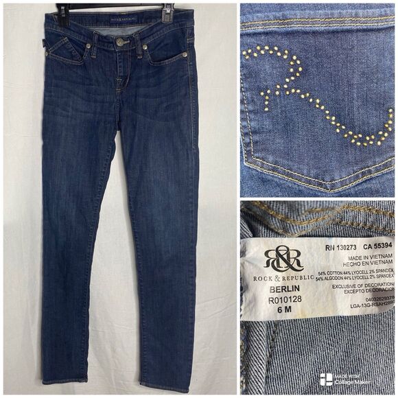 ROCK & REPUBLIC Jeans Denim Low Rise Rhinestone Pockets Womens 6 Dark Wash Blue - Picture 1 of 12